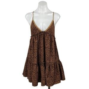 Vestique Brown Leopard Animal Print Sleeveless Tiered Swing A Line Mini Dress S